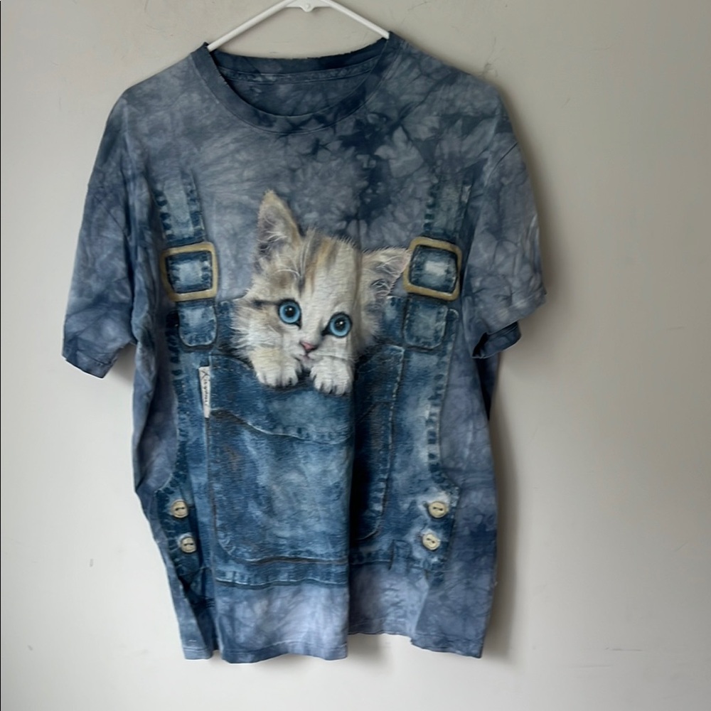 Vtg Tie Dye Kitten Face Cat Graphic Tee Blue Tie-Dye Cat Lover 🔵